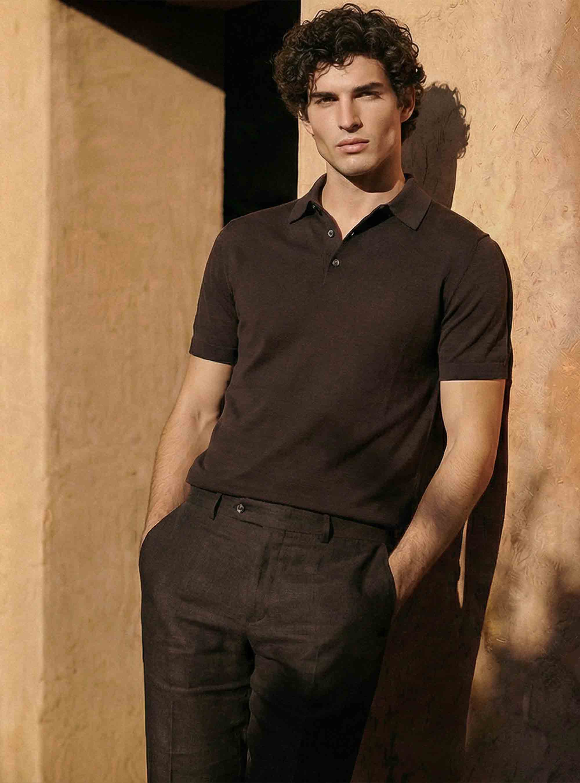 Brown knitted cotton-silk polo shirt, 